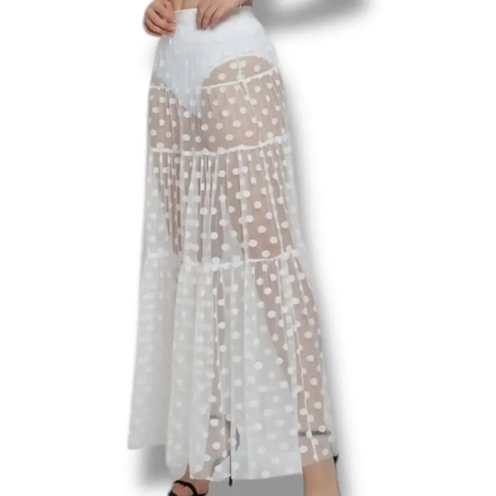 White Polka Dot Panel Mesh Maxi Skirt NWT